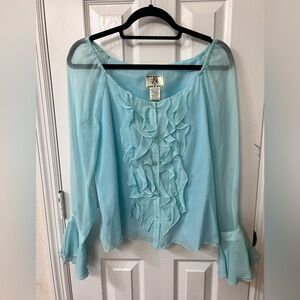 Ice’s NEW M Sky Blue Ruffle Front sheer long sleeve button down Blouse